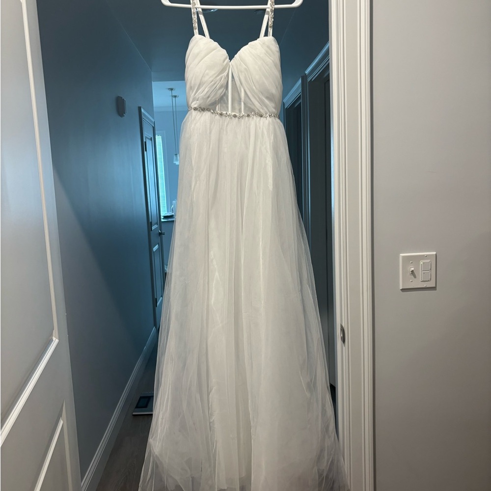 Lulu's Elegant White rhinestone tulle maxi Dress